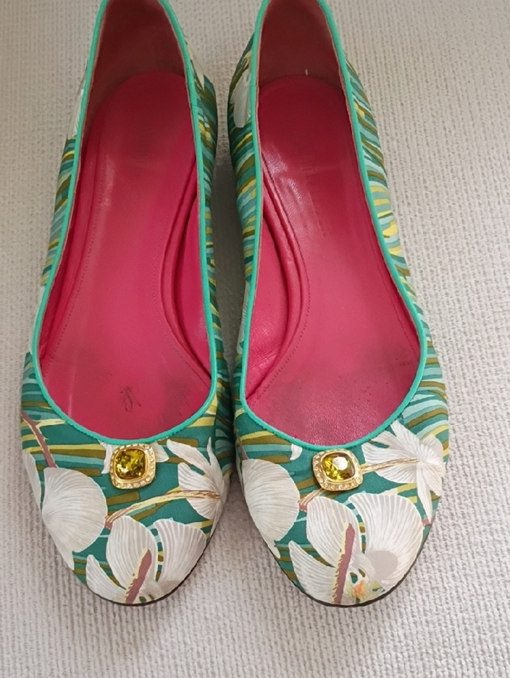 Judith Leiber Green Floral Ballet Flats with Pink Insole and Gold Jewel